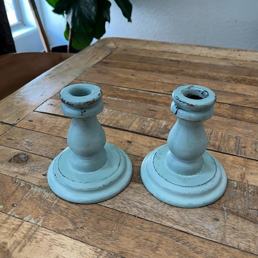 Wooden Candlestick Holders (2) 4.5" Tall Light Blue Distressed Rustic